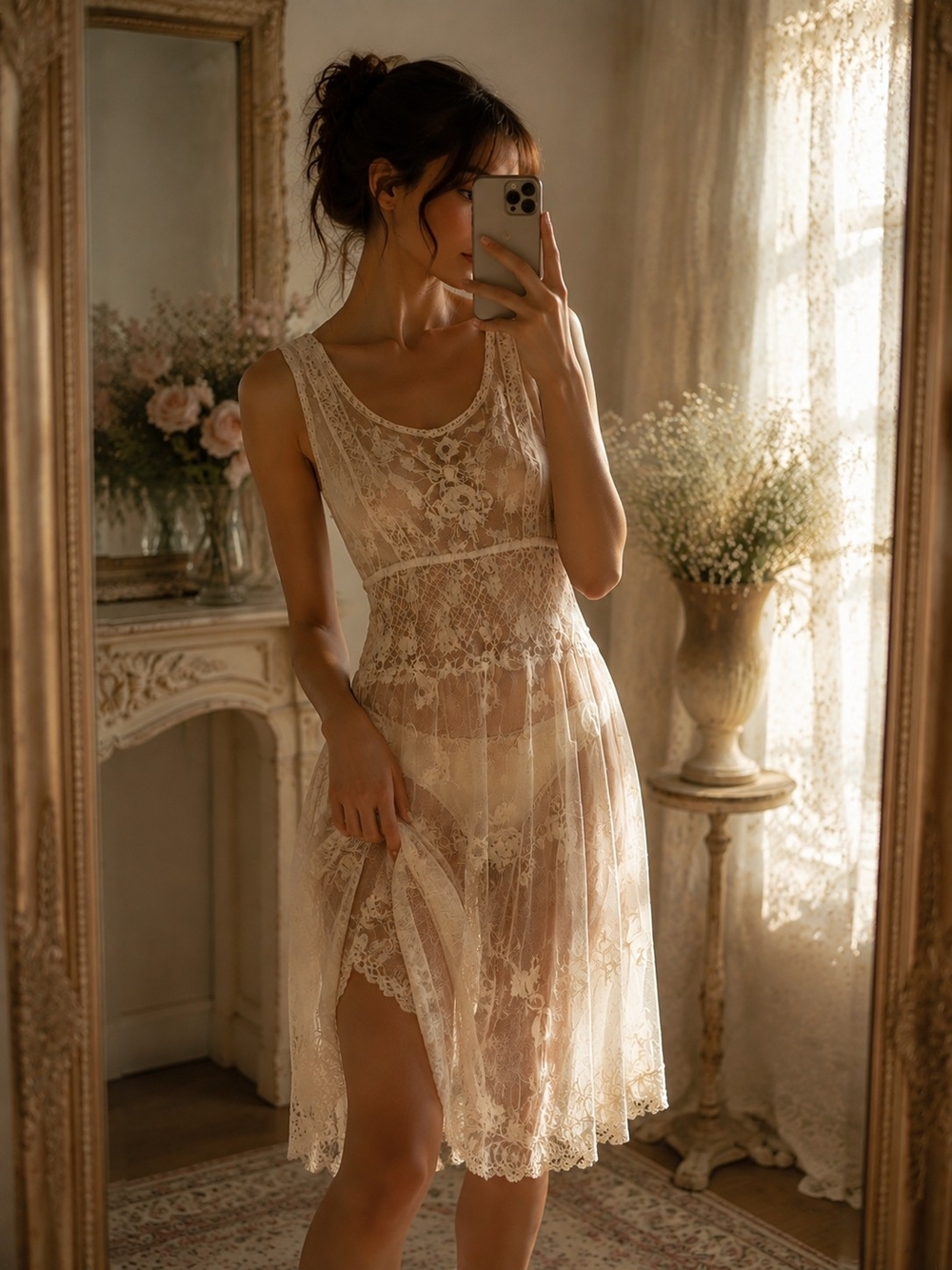 Vintage Sundance Lace Mesh Embroidered Midi Lingerie Dress Beige  Women's Size 8